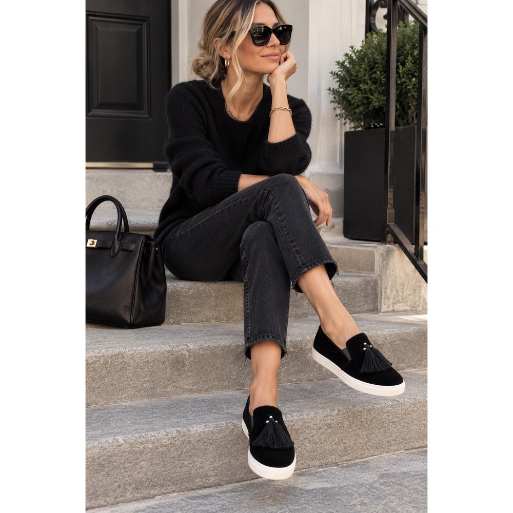 Donald J Pliner Sallie Tassel Suede Leather Slip On Sneakers Shoes Black 9.5M